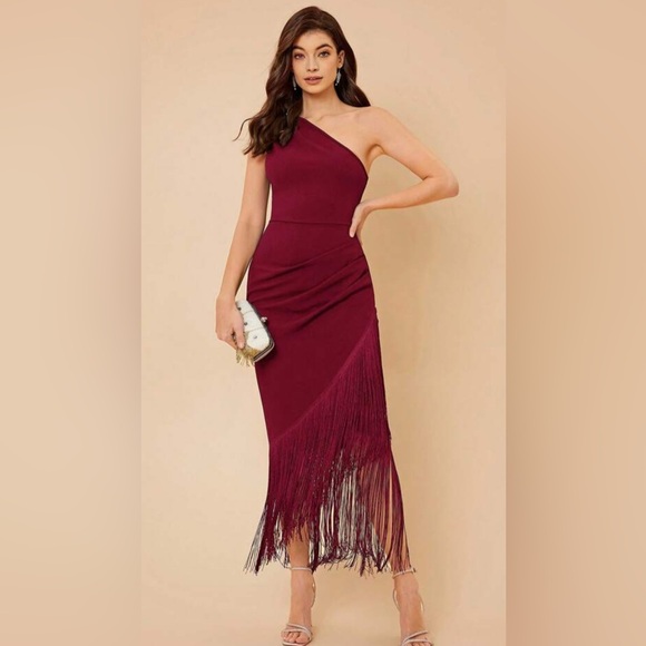 SHEIN Dresses & Skirts - SHEIN Wine One-Shoulder Fringe Midi Dress